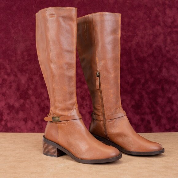 Linea Paolo Women Kamile Brown Leather Buckle Knee Riding Fashion Boots sz 7.5 - Picture 1 of 10